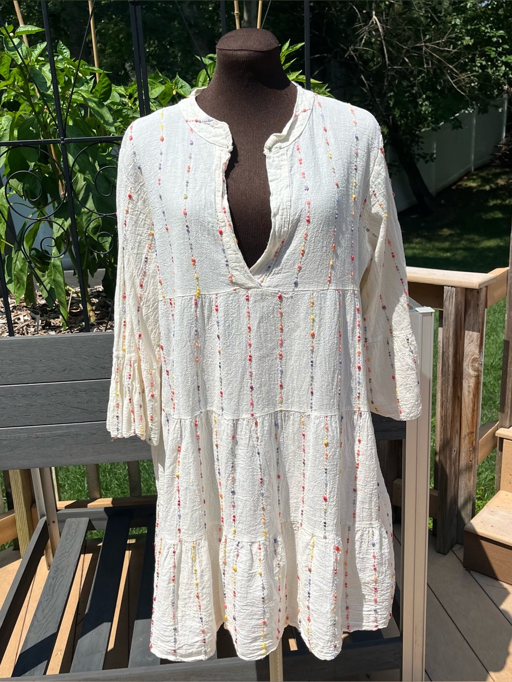 Tempo Paris 100% Linen Boho Tiered Cream & Rainbow Slub Stripes Dress Size L